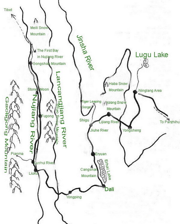 Map of Three Parallel Rivers of Yunnan Protected Areas,Diqing Tours