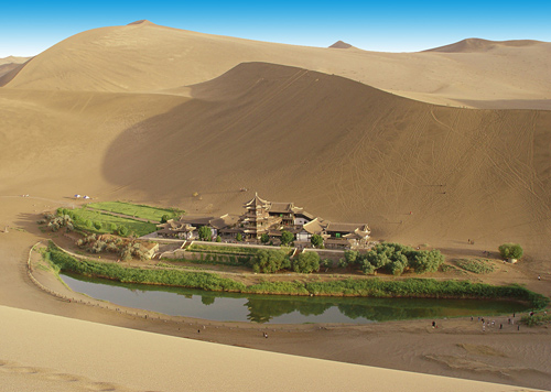 The Crescent Moon Lake and the Singing Sand Mountain are amazing desert attractions in Dunhuang.
