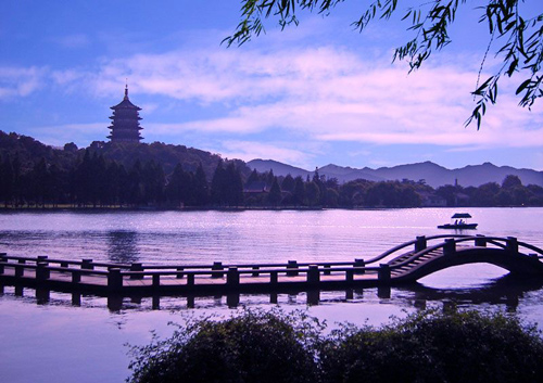 Beautiful sunset by the West Lake in Hangzhou