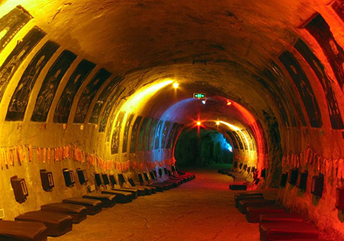 The inside of the Mausoleums of Prince Jing Jiang is decorated with carvings on the wall.