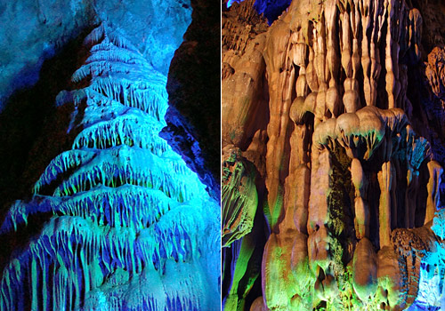 Peculiar calcium carbonate rock forms inside the Reed and Flute Cave, Guilin