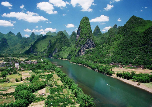 The Li River look like a green belt from a distance.