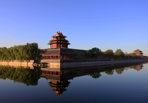 A peaceful sight of one of the watch towers of the Forbidden City.