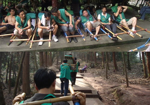Emeishan jampan and the porters, you can pay extra fee to climb the mountain if you like, the price is not cheap.