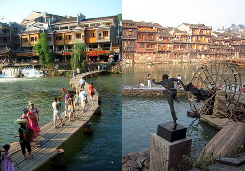 Fenghuang is a small town building along the river, waterwheels,bridges,boats,it is a interesting place receiving tourists from all over the world.
