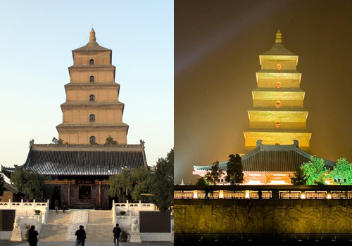 The scenes of the Big Wild Goose Pagoda in Xi'an at day and night.