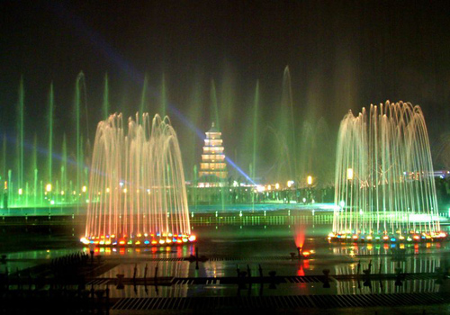 The beautiful night scene of the Music Fountain Square of Big Wild Goose Pagoda,Xi'an.