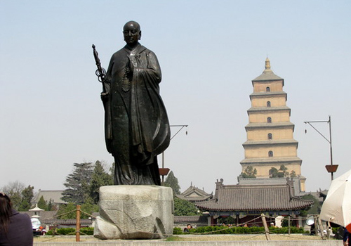 The statue of Master Xuanzang in front of the Big Wild Goose Pagoda in Xi'an.