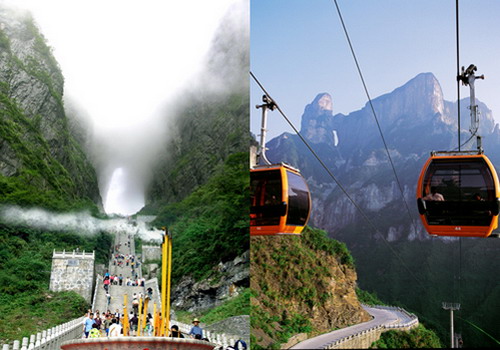 The foggy Tianmen Cave shows a mysterious view to the world. The Tianmenshan cable cars is the longest one in the world.