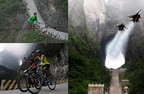 Walking on the high performance rope at Tianmenshan,biking at Tianmenshan mountain road, pilots flying through the Tianmen Cave.