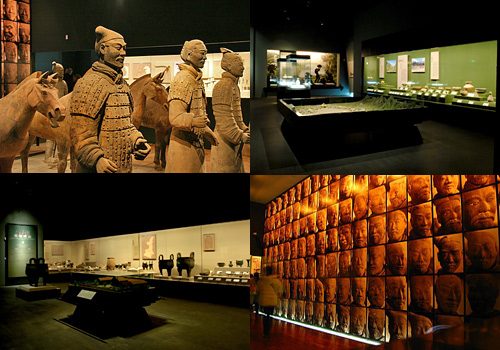 Exhibits in Exhibition Hall No.1 of Shaanxi History Museum include figuline army,earthenwares,bronze wares,etc.