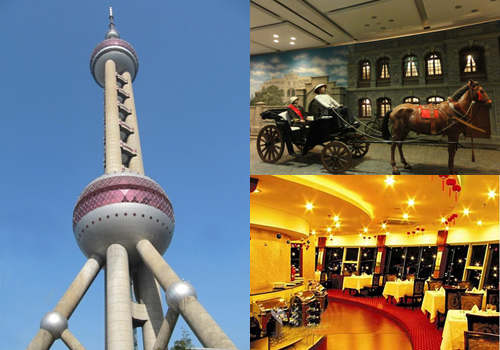 Oriental Pearl includes a exhibition hall and a rotating restaurant.