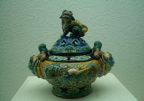 Exquisite glazed pottery displayed in the Museum of Mausoleum of Emperor Qinshihuang, Xi'an, Shaanxi Province.