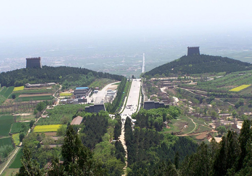 A long shot of the Qianling Mausoleum of Emperor Tanggaozong and Empress Wu Zetian in Shaanxi Province.