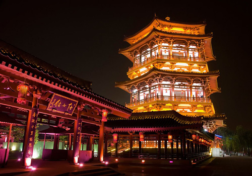 Beautiful night scene of the Maid Building,Tang Paradise.