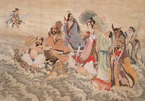 A colored painting shows how the Eight Immortals cross the sea by their magic arts.