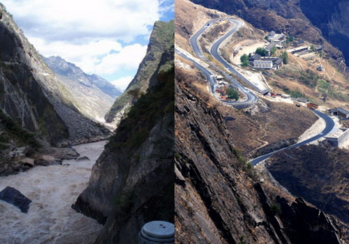 The Tiger Leaping Gorge looks dangerous,and the road and village built along the mountains.