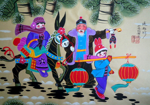 A painting by local farmer of Hu County shows that a child and his grandparents are on their way back from the local market.