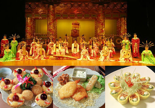 Performance and dishes of the Tang Dynasty Dinner Show in Xi'an.