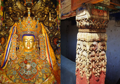 One of the real-life gold statues of Sakyamuni & an old wooden polar of Jokhang Temple