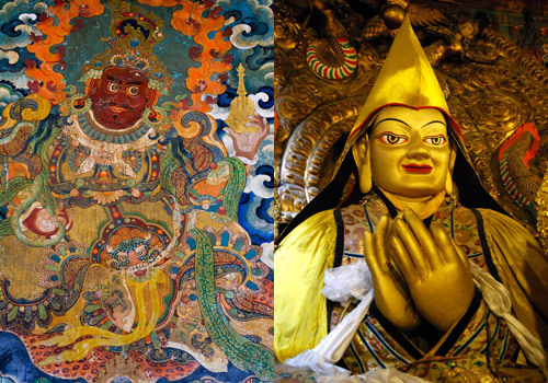 Mural and gold statue of Tsongkhapa at Drepung Monastery in Tibet.