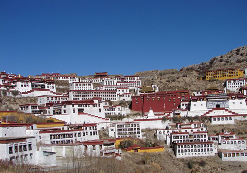 Panorama of Gandan Monastery,one of the three great Tibetan Budhist monasteries in Lhasa, Tibet.