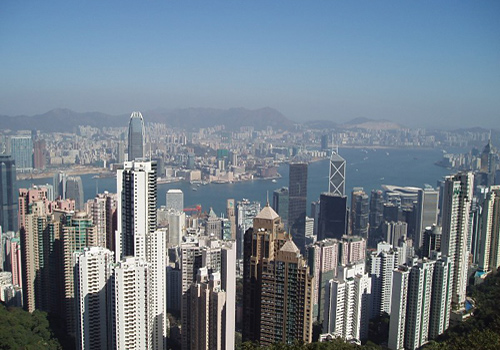 Beautiful city landscape of the Central from the top of Victoria Peak, Hong Kong.