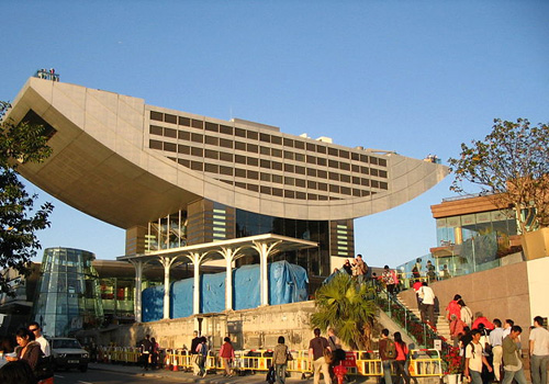 The boat-shaped Peak Tower located at hillside of Victoria Peak, Hong Kong.
