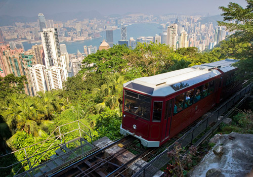 The Peak Tram is carrying visitors to the upper Victoria Peak in Hong Kong.