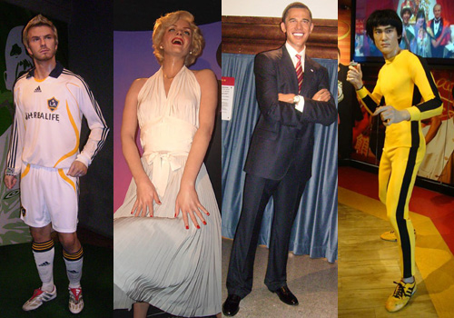 Wax statues of David Beckham,Marilyn Monroe,Barack Obama and Bruce Lee at Madam Tussauds Hong Kong at Victoria Peak.