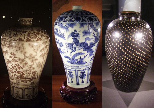 Three exhibited vases in Nanjing Museum.