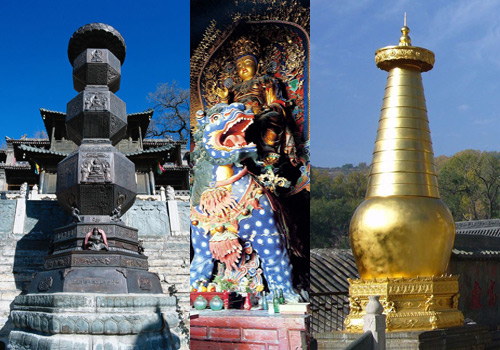 Pagodas and statue of Buddha of temples on Wutai Mountain.