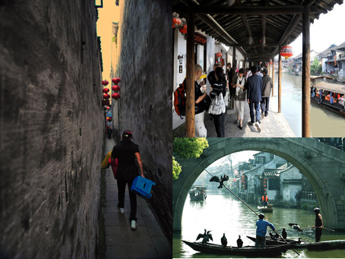 The alley,the roofed corridor,the bridge,the river,and the leisure life in Xitang Ancient Town of Zhejiang.