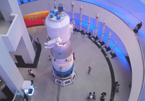 The main hall of Macau Science Center stands the model of Shenzhou VI spacecraft of China.