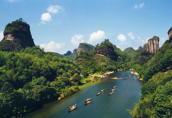Mount Wuyi is well-known for its bluish-green waters and red mountains.