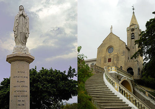 The goddess statue and Penha Church on Penha Hill, Macao