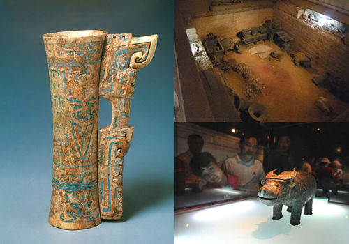 An ivory goblet inlaid with turquoise and a wine vessel of Shang Dynasty found in Tomb of Fuhao in Yin Ruins of Anyang
